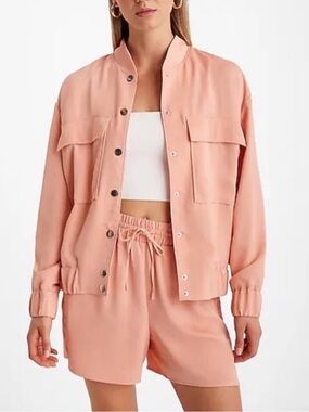 NWT Express Satin Oversized Bomber Jacket in CORAL DUST